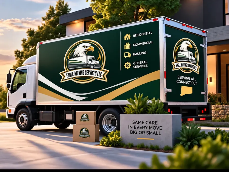 Eagle Moving Services truck in front of a Connecticut home